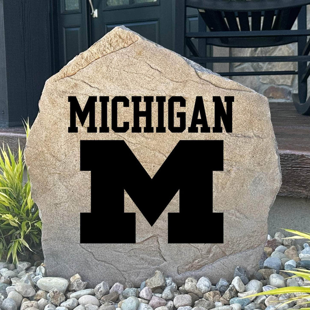 Officially licensed University of Michigan Logo Stone featuring the iconic Michigan Wolverines logo engraved directly into the stone surface. This decorative garden stone adds school spirit and curb appeal to front yards, patios, gardens, and entryways.