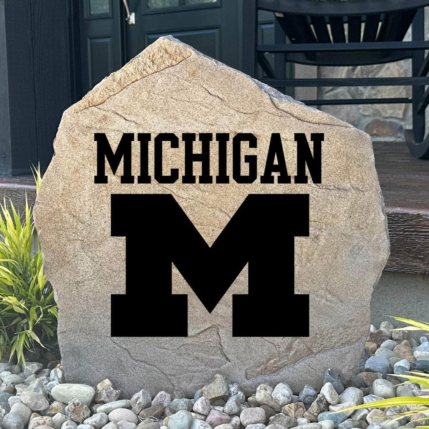 Officially licensed University of Michigan Logo Stone featuring the iconic Michigan Wolverines logo engraved directly into the stone surface. This decorative garden stone adds school spirit and curb appeal to front yards, patios, gardens, and entryways.