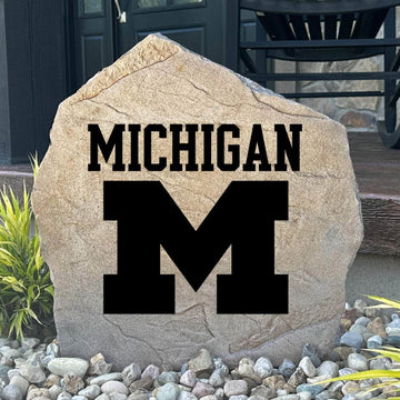 Officially licensed University of Michigan Logo Stone featuring the iconic Michigan Wolverines logo engraved directly into the stone surface. This decorative garden stone adds school spirit and curb appeal to front yards, patios, gardens, and entryways.