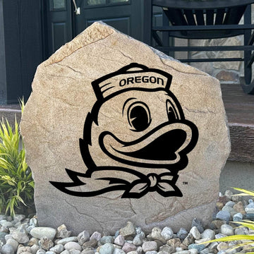 Officially licensed University of Oregon Duck Logo Stone featuring the iconic Oregon Ducks mascot logo engraved directly into the stone surface. This decorative garden stone adds school spirit and curb appeal to front yards, patios, gardens, and entryways.