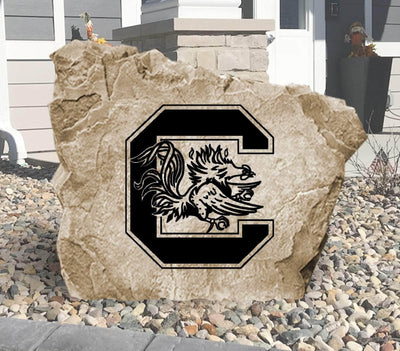 Engraved University of South Carolina Gamecocks logo on decorative landscaping stone