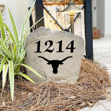 Custom University of Texas address marker featuring engraved street numbers, designed to elevate front yards, driveways, and landscaped entryways.