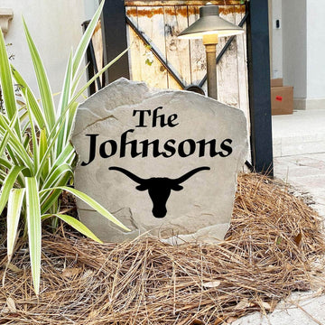 Custom University of Texas name marker designed to celebrate Longhorn pride while enhancing gardens, patios, walkways, and front entrances.