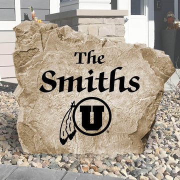 Personalized University of Utah Name Stone engraved with your family surname, creating a bold Utes-inspired centerpiece for your home's landscape.