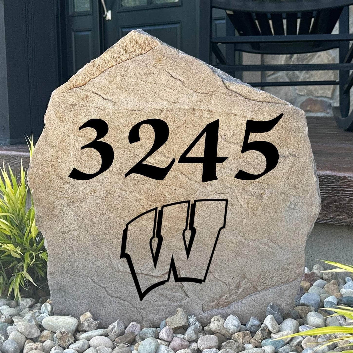 Officially licensed University of Wisconsin Address Stone featuring custom house numbers and the iconic Wisconsin Badgers logo engraved directly into the stone surface. This personalized address marker adds school pride and curb appeal to front yards, gardens, driveways, and entryways.