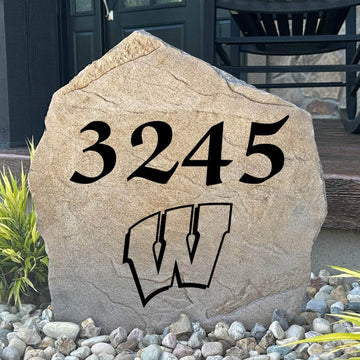 Officially licensed University of Wisconsin Address Stone featuring custom house numbers and the iconic Wisconsin Badgers logo engraved directly into the stone surface. This personalized address marker adds school pride and curb appeal to front yards, gardens, driveways, and entryways.