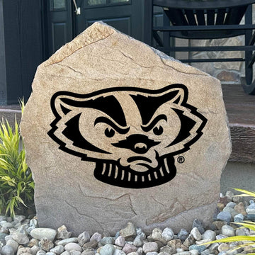 Officially licensed University of Wisconsin Badger Stone featuring the iconic Bucky Badger mascot engraved directly into the stone surface. This decorative garden stone adds Wisconsin Badgers pride and curb appeal to front yards, patios, gardens, and entryways.