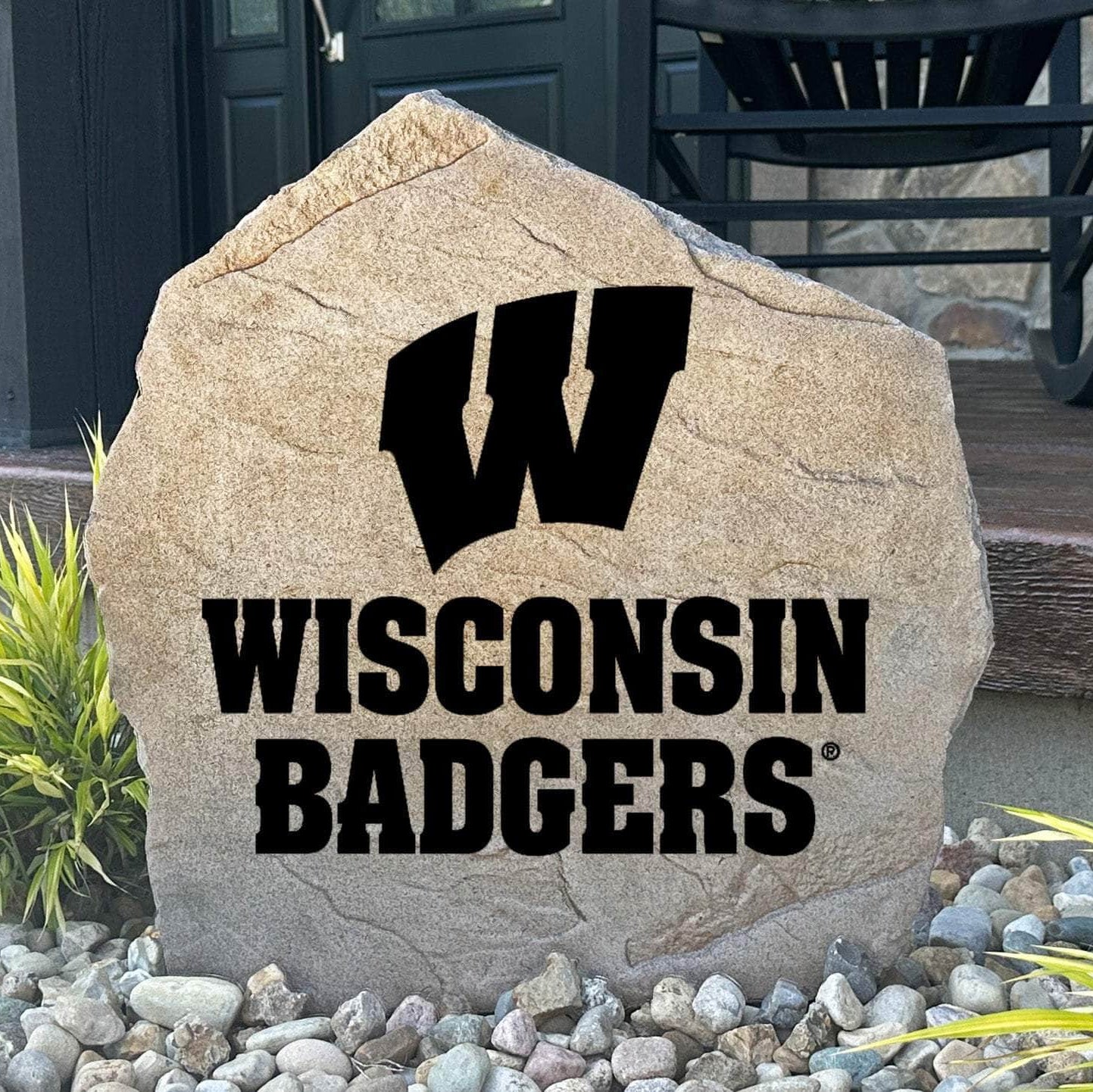 Officially licensed University of Wisconsin Logo Stone featuring the iconic Wisconsin Badgers logo engraved directly into the stone surface. This decorative garden stone adds school spirit and curb appeal to front yards, patios, gardens, and entryways.