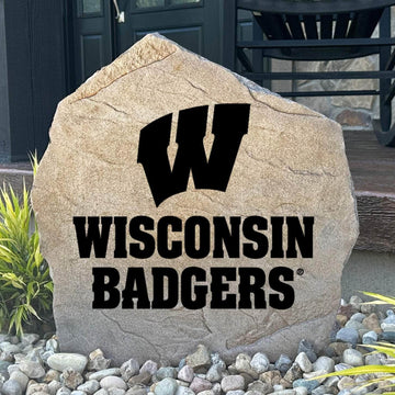 Officially licensed University of Wisconsin Logo Stone featuring the iconic Wisconsin Badgers logo engraved directly into the stone surface. This decorative garden stone adds school spirit and curb appeal to front yards, patios, gardens, and entryways.
