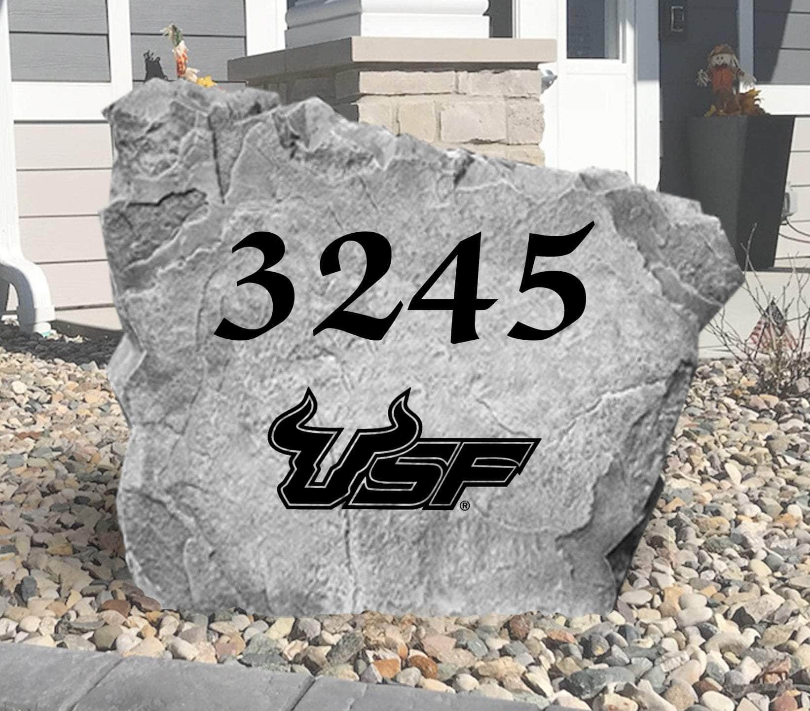 Custom University of South Florida Address Stone featuring the official Bulls logo and personalized house numbers. A stylish way to display your address in front yards, driveways, gardens, and landscaped entryways.