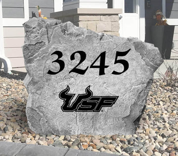 Custom University of South Florida Address Stone featuring the official Bulls logo and personalized house numbers. A stylish way to display your address in front yards, driveways, gardens, and landscaped entryways.