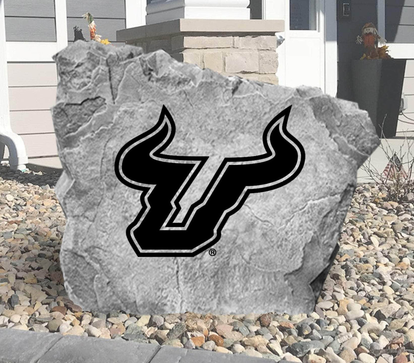 Outdoor garden rock featuring USF Bulls team logo
