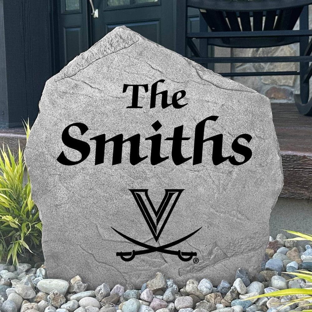 Custom University of Virginia Cavaliers Name Stone featuring the official university logo and your personalized family name. A beautiful landscape accent for gardens, patios, front entryways, and flower beds.