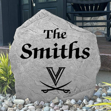 Custom University of Virginia Cavaliers Name Stone featuring the official university logo and your personalized family name. A beautiful landscape accent for gardens, patios, front entryways, and flower beds.