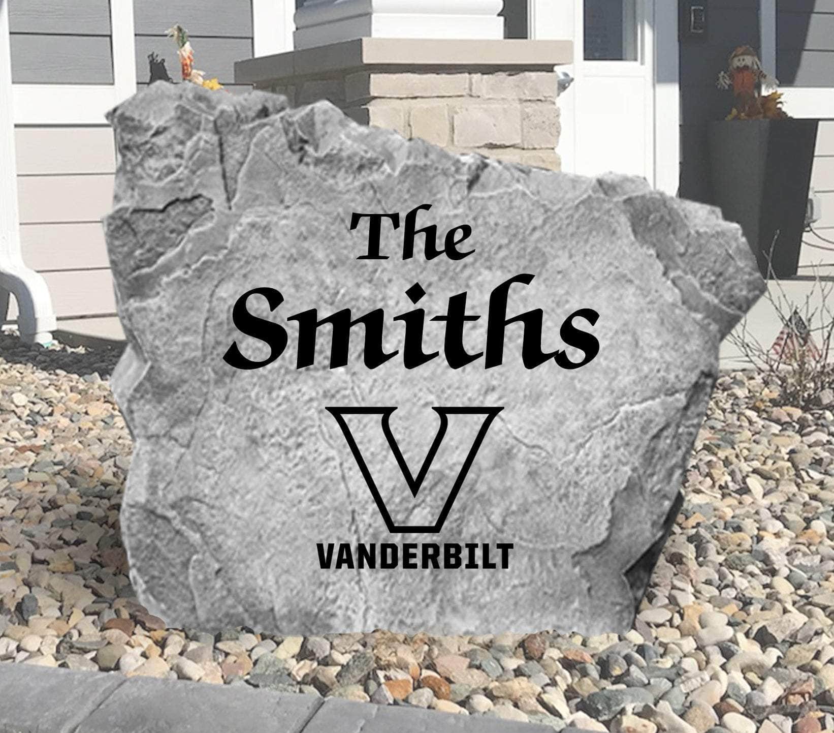 Custom Vanderbilt Commodores Name Stone featuring the official university logo and your personalized family name. A beautiful landscape accent for gardens, patios, front entryways, and flower beds.