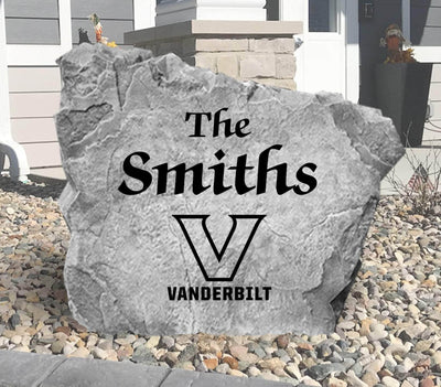 Outdoor decorative stone with Vanderbilt University logo and custom family name