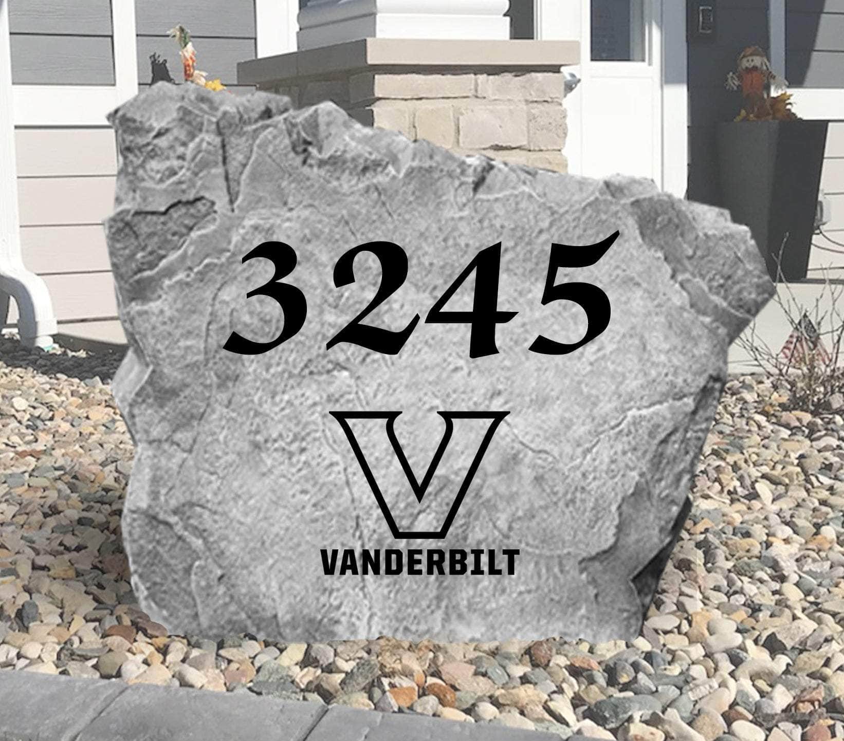 Custom Vanderbilt University Address Stone featuring the official Commodores logo and personalized house numbers. A stylish way to display your address in front yards, driveways, gardens, and landscaped entryways.
