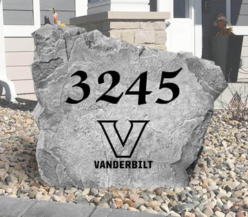Custom Vanderbilt University Address Stone featuring the official Commodores logo and personalized house numbers. A stylish way to display your address in front yards, driveways, gardens, and landscaped entryways.
