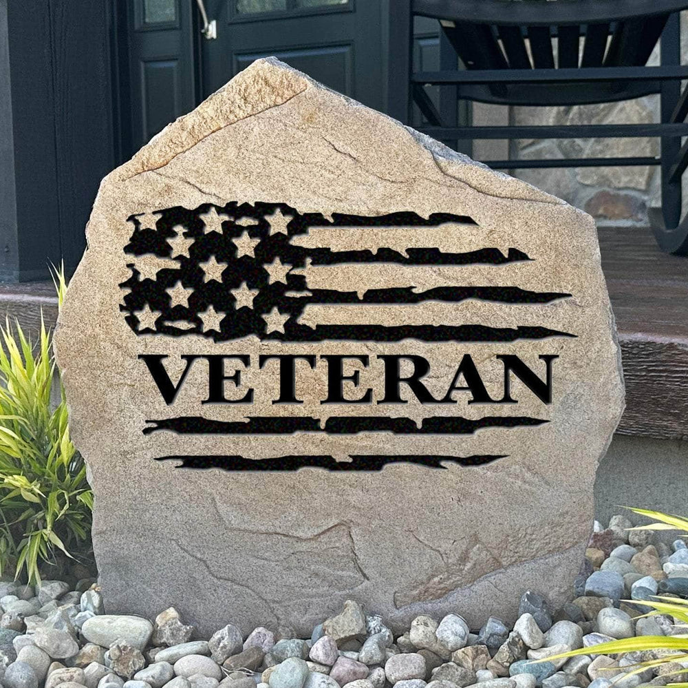 Veteran Flag engraved stone honoring the service and sacrifice of America's veterans with a timeless patriotic landscape tribute.
