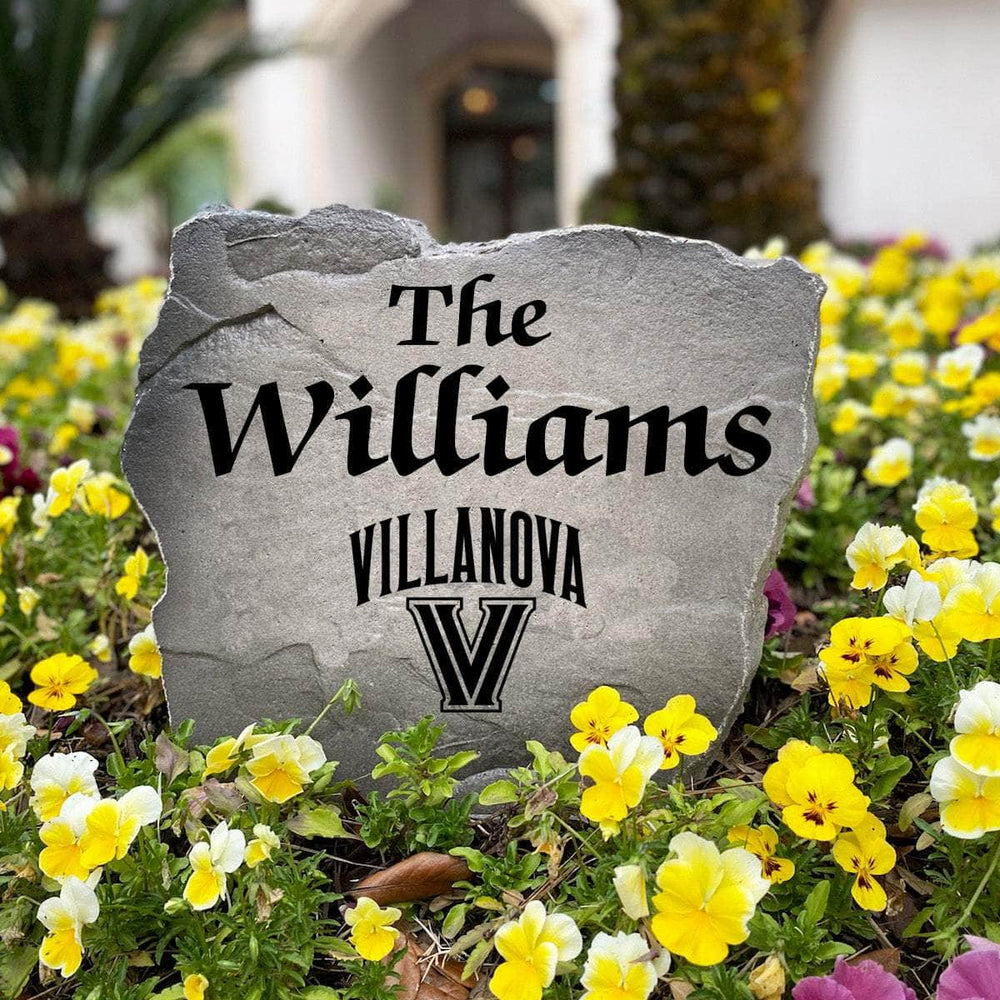 Personalized Villanova Wildcats outdoor name stone featuring custom family lettering permanently engraved into weather-resistant stone. A thoughtful gift for college sports fans, alumni, weddings, housewarmings, and new homeowners.
