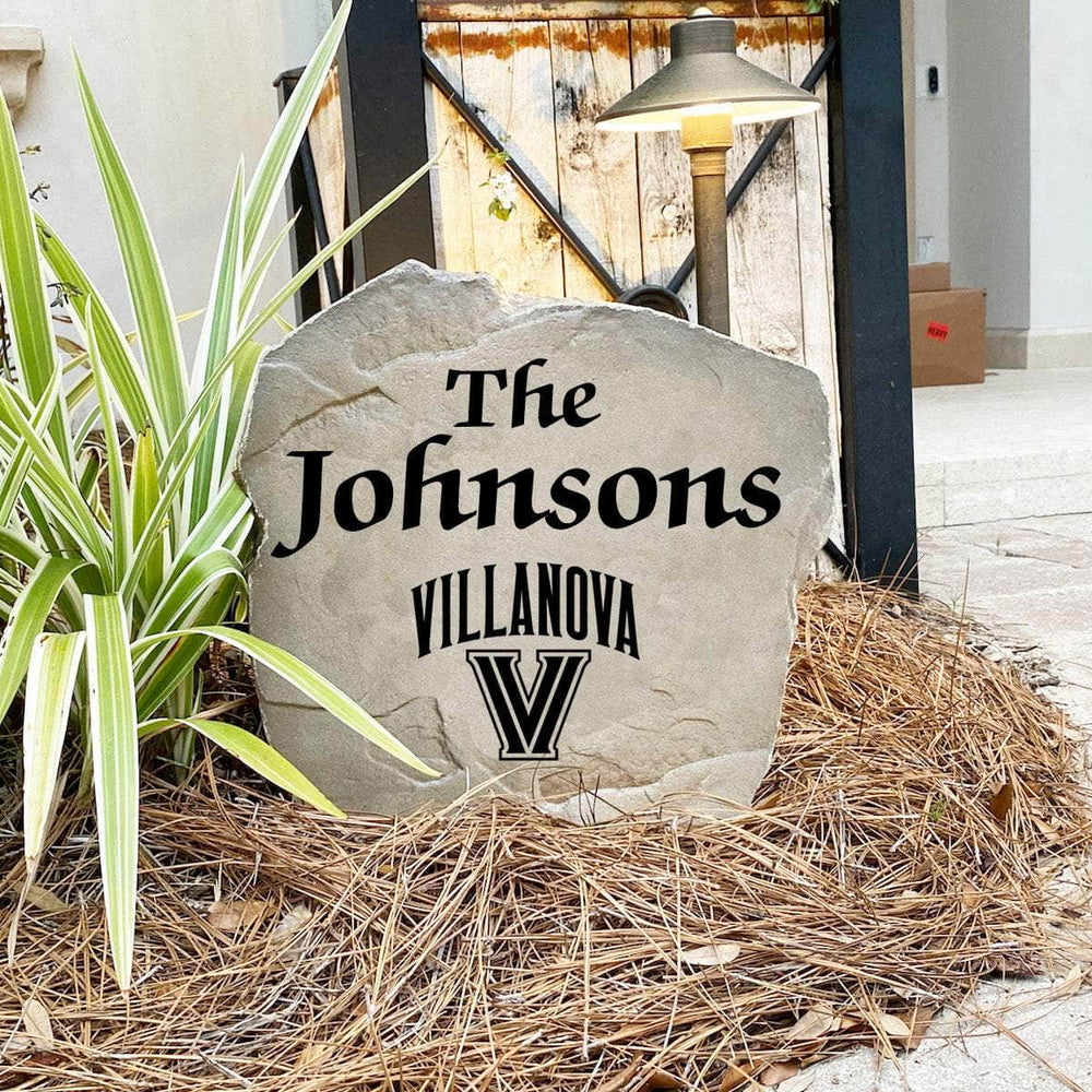 Handcrafted in the USA, this Villanova University Name Stone features officially licensed collegiate artwork with deep precision engraving. Available in Sandstone and Greystone finishes for lasting
