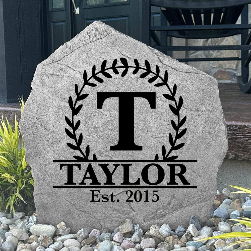 Personalized Vine Monogram Stone engraved with your family initial, surname, and established date, creating a timeless landscape centerpiece for your home.