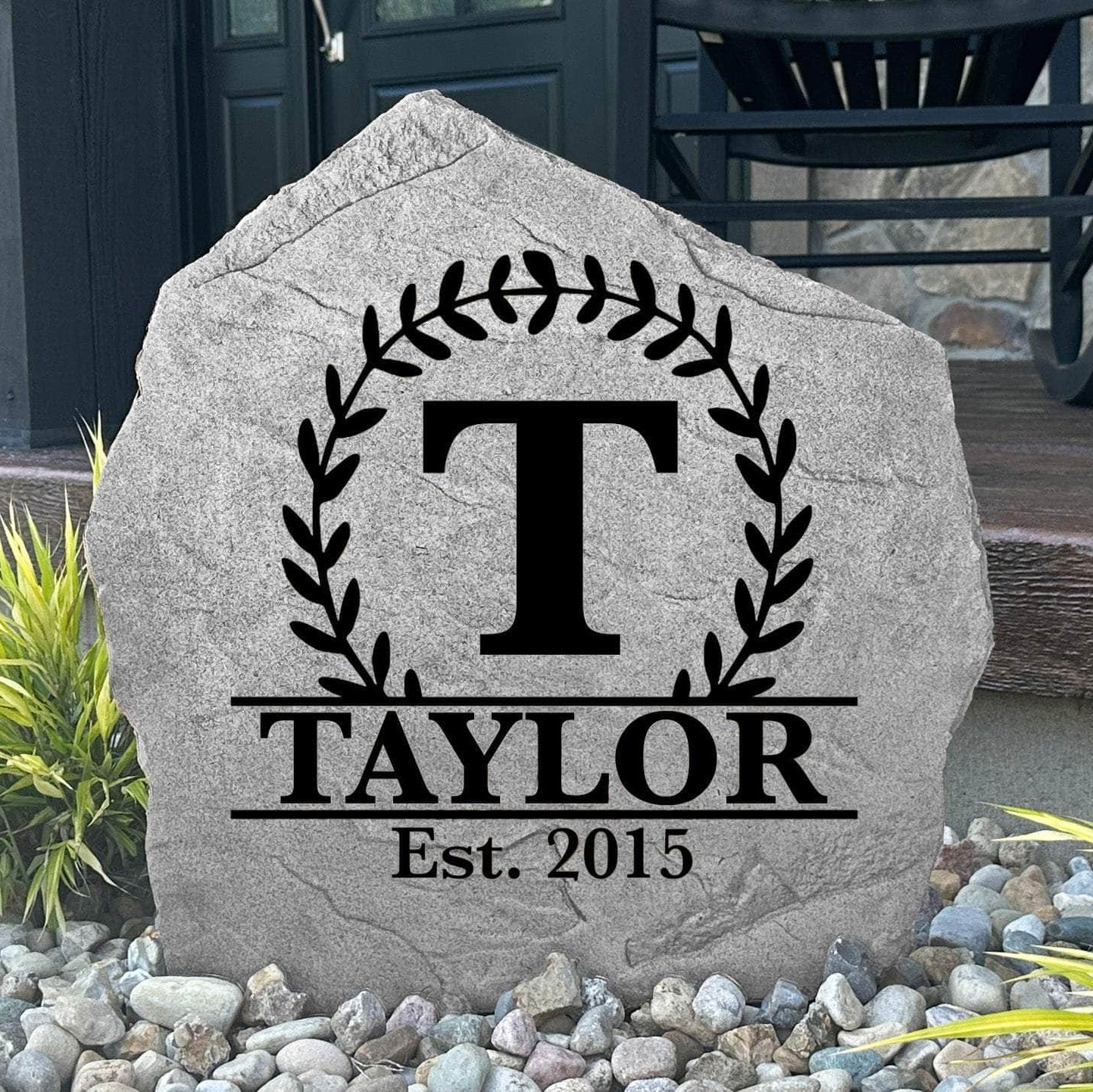 Personalized Vine Monogram Stone engraved with your family initial, surname, and established date, creating a timeless landscape centerpiece for your home.
