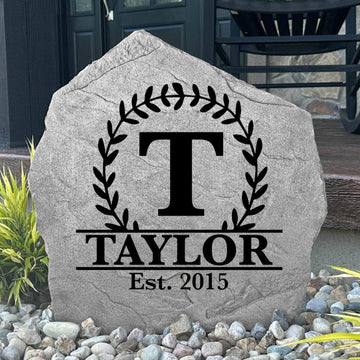Personalized Vine Monogram Stone engraved with your family initial, surname, and established date, creating a timeless landscape centerpiece for your home.