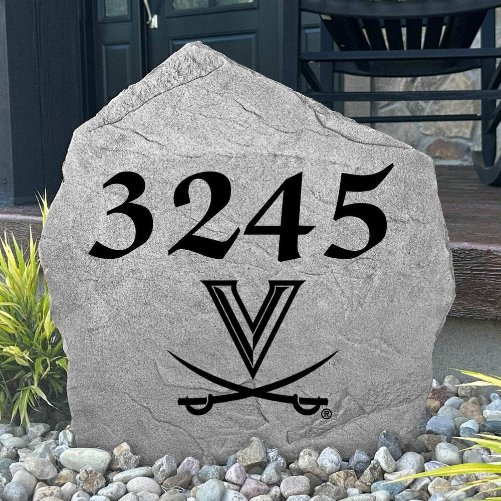 Custom University of Virginia Address Stone featuring the official Cavaliers logo and personalized house numbers. A stylish way to display your address in front yards, driveways, gardens, and landscaped entryways.