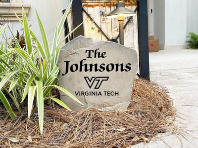 Decorative stone with engraved Virginia Tech Hokies emblem and name