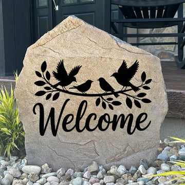 Personalized Welcome Bird Stone featuring an elegant bird design engraved directly into the stone surface. This decorative garden stone adds charm and curb appeal to front yards, flower beds, patios, and home entryways.