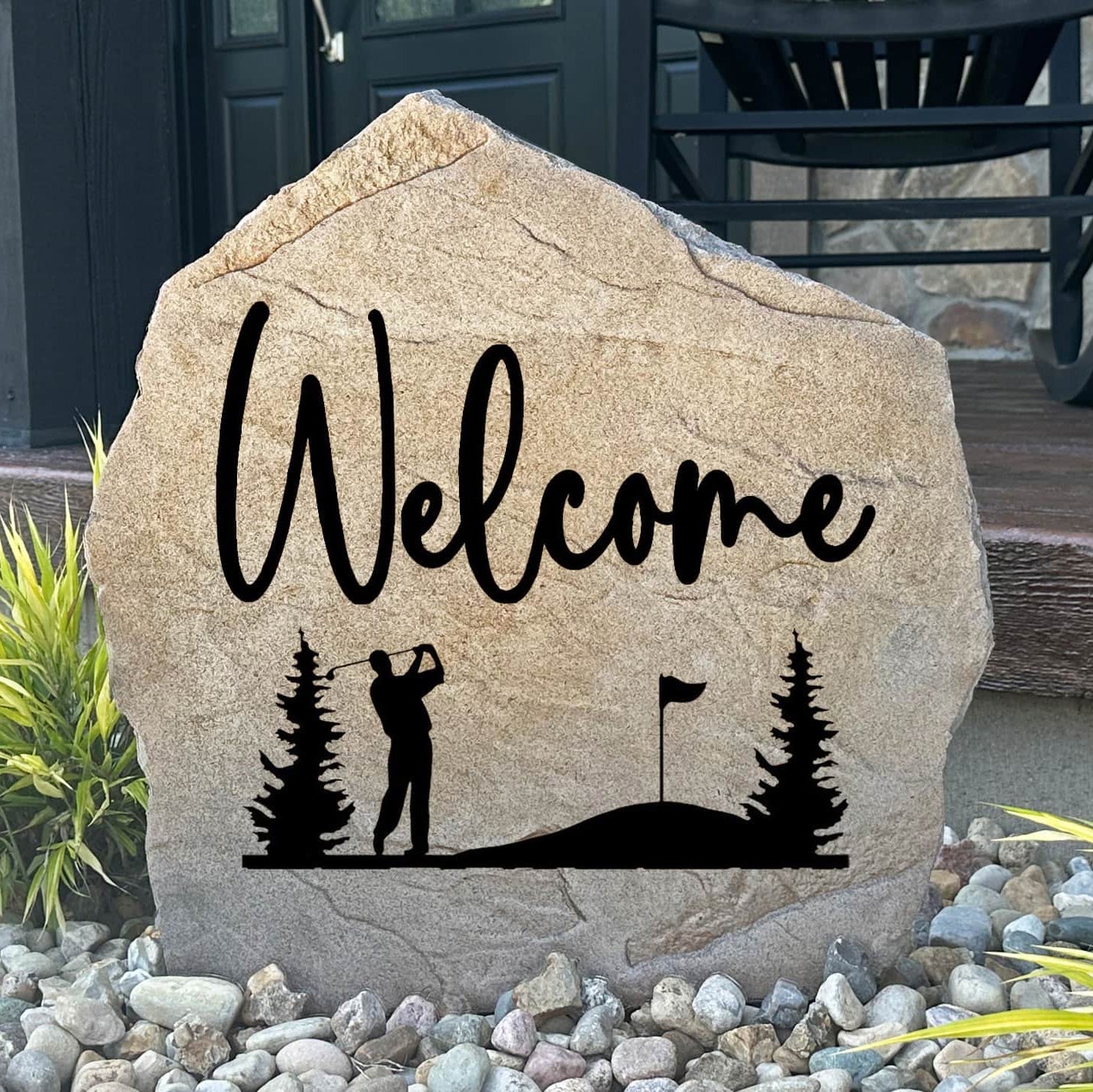 Personalized Welcome Golf Stone featuring a golf-inspired design engraved directly into the stone surface. This decorative garden stone adds unique curb appeal to front yards, patios, gardens, and entryways for golf enthusiasts.