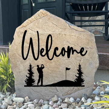 Personalized Welcome Golf Stone featuring a golf-inspired design engraved directly into the stone surface. This decorative garden stone adds unique curb appeal to front yards, patios, gardens, and entryways for golf enthusiasts.