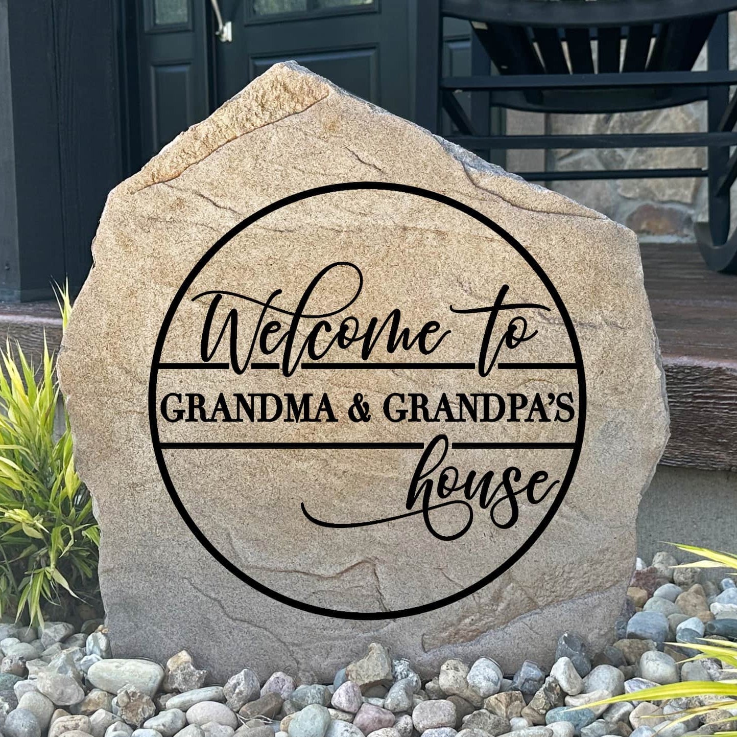 Personalized Grandma & Grandpa's House Stone featuring a heartwarming design engraved directly into the stone surface. This decorative garden stone creates a warm and welcoming entrance for grandparents' homes, front yards, patios, and entryways.