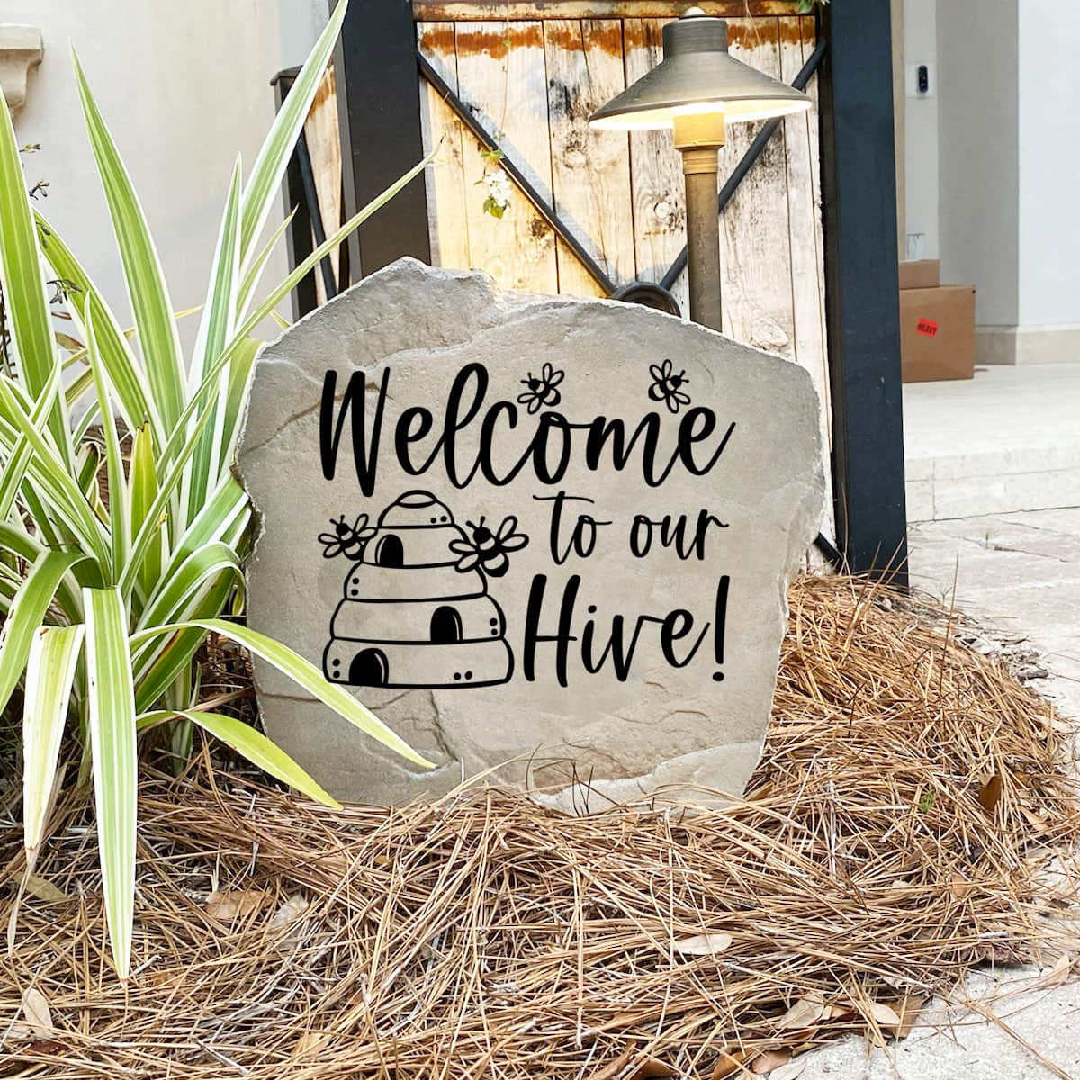 Decorative Welcome Hive Stone with elegant bee and honeycomb details permanently engraved into the stone. Ideal for garden lovers, this outdoor accent enhances front yards, patios, and flower beds with timeless style.