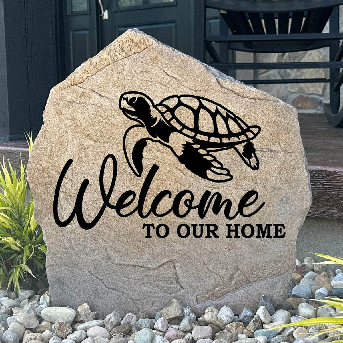 Personalized Welcome Sea Turtle Stone featuring an elegant sea turtle design engraved directly into the stone surface. This decorative garden stone adds coastal charm and curb appeal to front yards, patios, beach houses, and entryways.