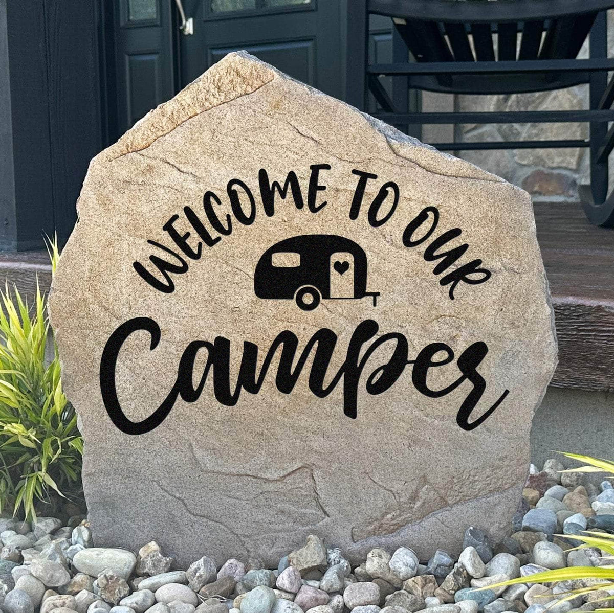 Welcome To Our Camper engraved stone creating a cheerful greeting for family and friends at your camper, travel trailer, or favorite campsite.