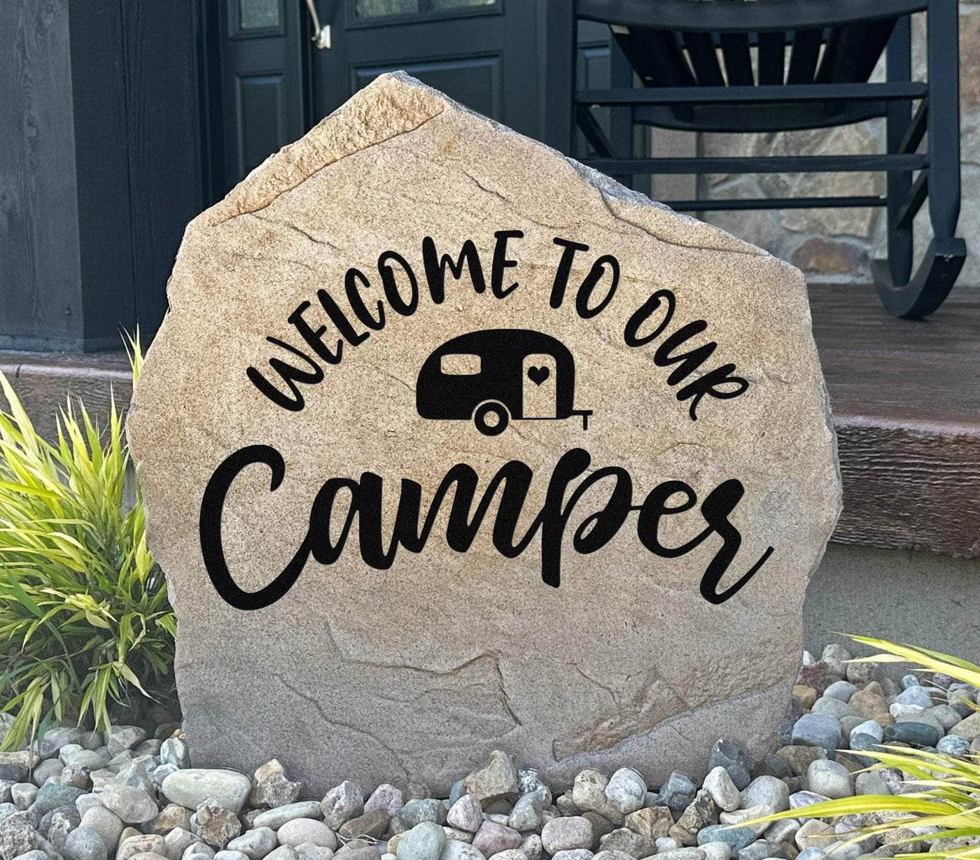 Engraved welcome to our camper stone with heart trailer design