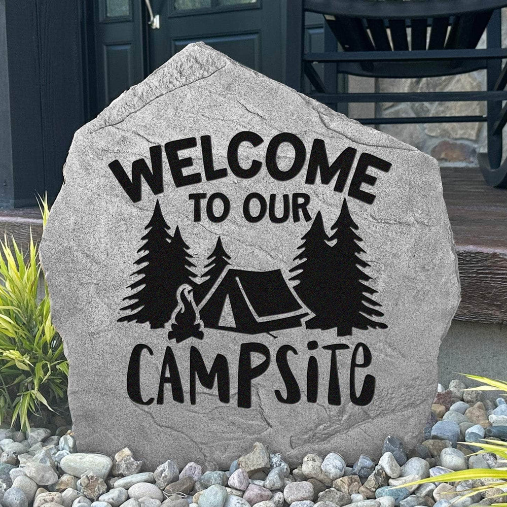 Welcome To Our Campsite engraved stone creating a warm greeting for family and friends at your RV site, campground, or outdoor getaway.