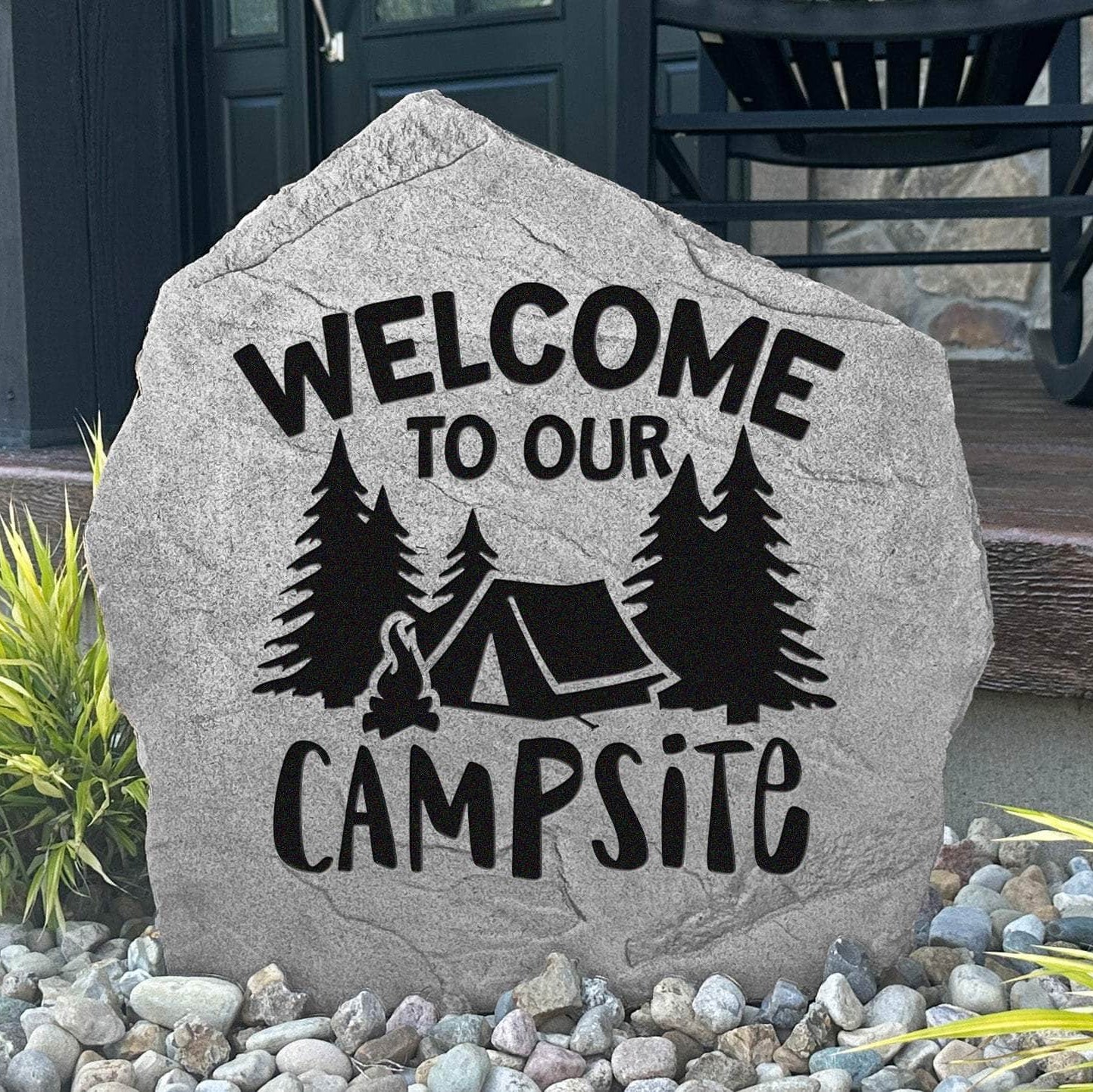 Welcome To Our Campsite engraved stone creating a warm greeting for family and friends at your RV site, campground, or outdoor getaway.