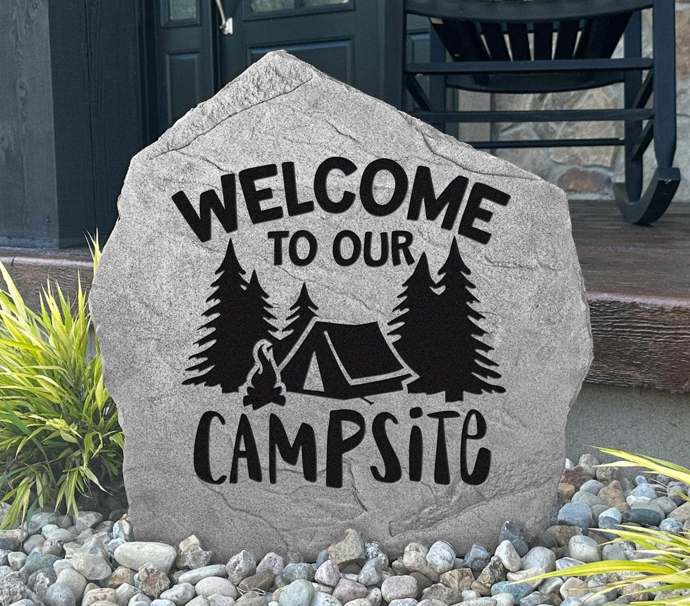 Engraved welcome to our campsite stone with tent and trees design