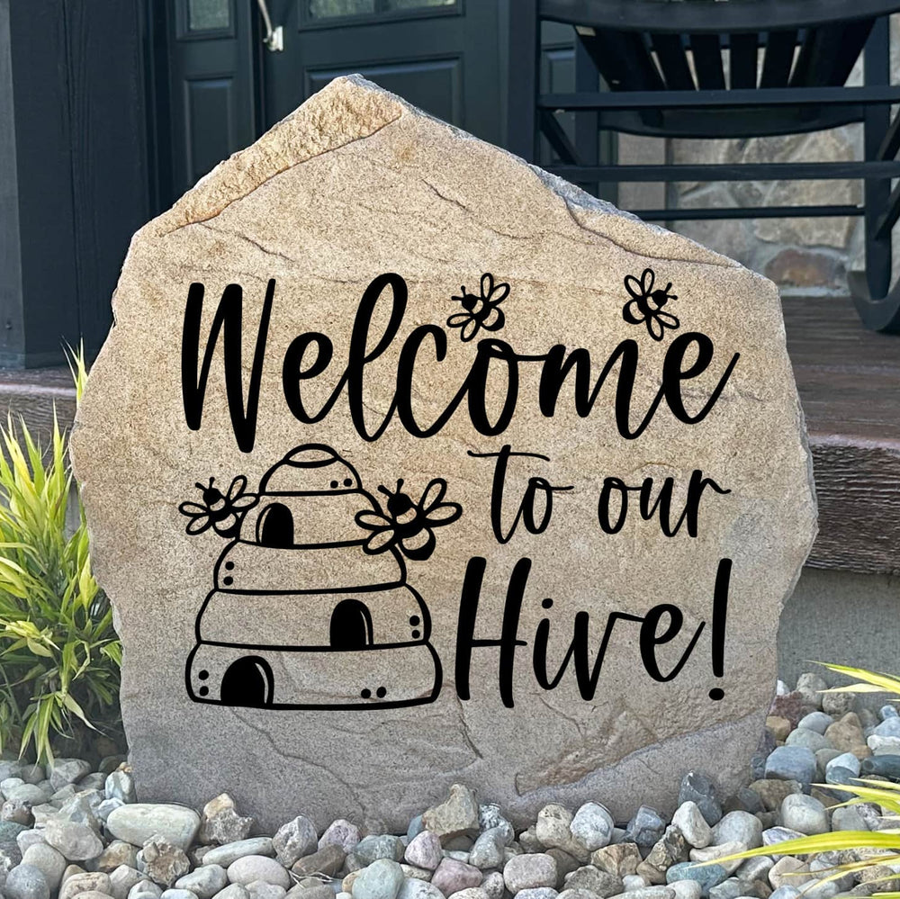 Personalized Welcome Hive Stone featuring an engraved bee and honeycomb design, creating a charming garden accent for front yards, flower beds, patios, and entryways. This decorative welcome stone adds warmth and curb appeal to any outdoor space.