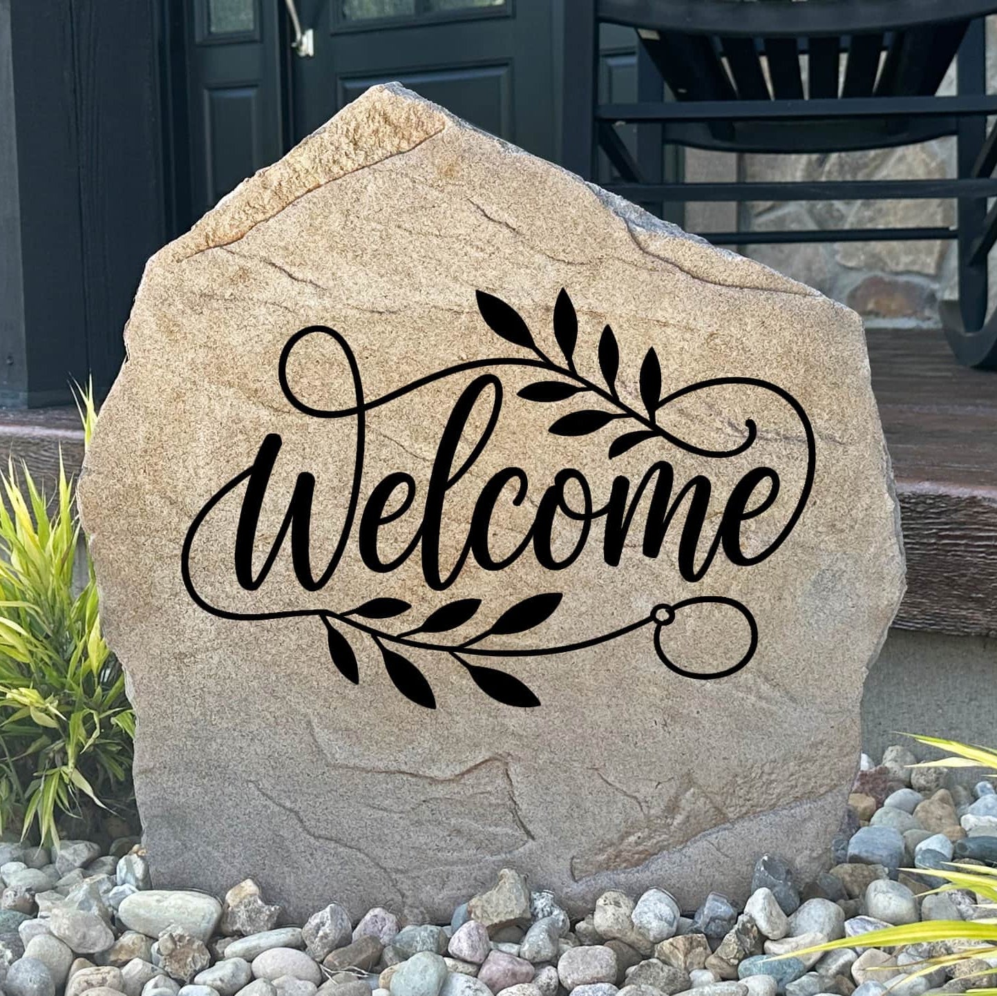 Personalized Welcome Stone engraved directly into the stone surface, creating a timeless decorative accent for front yards, gardens, patios, and entryways. This custom engraved welcome sign adds warmth and curb appeal to any landscape.