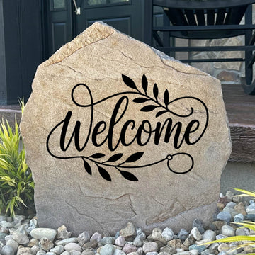 Personalized Welcome Stone engraved directly into the stone surface, creating a timeless decorative accent for front yards, gardens, patios, and entryways. This custom engraved welcome sign adds warmth and curb appeal to any landscape.