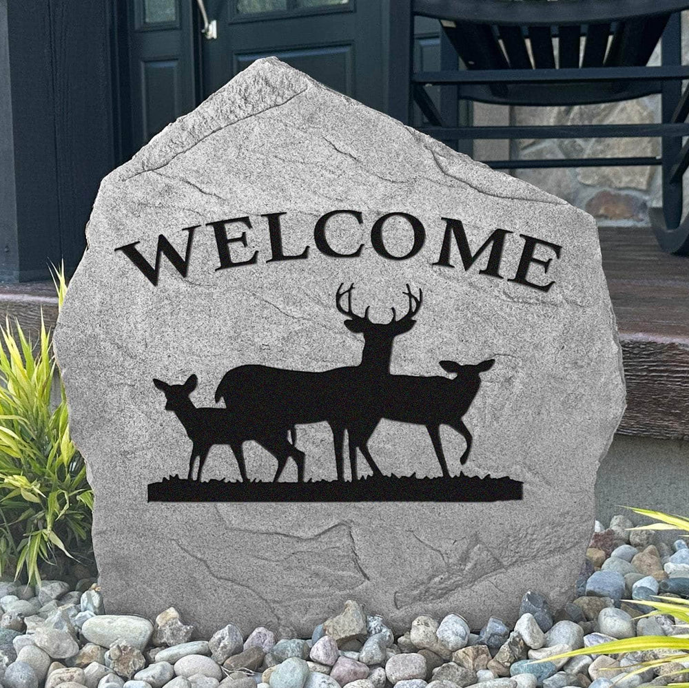 Welcome Deer engraved stone bringing rustic woodland charm to cabins, lodges, country homes, and beautifully landscaped entryways.