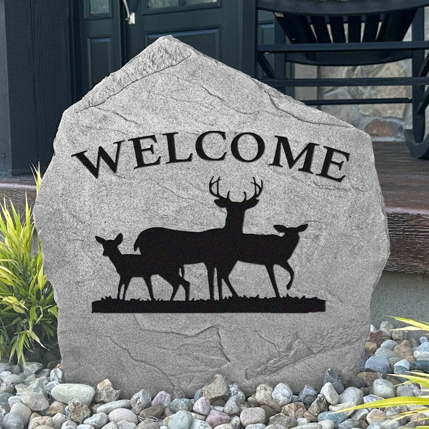 Welcome Deer engraved stone bringing rustic woodland charm to cabins, lodges, country homes, and beautifully landscaped entryways.