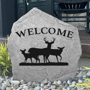 Welcome Deer engraved stone bringing rustic woodland charm to cabins, lodges, country homes, and beautifully landscaped entryways.