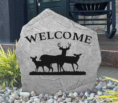 Engraved Welcome stone with deer design for rustic home décor