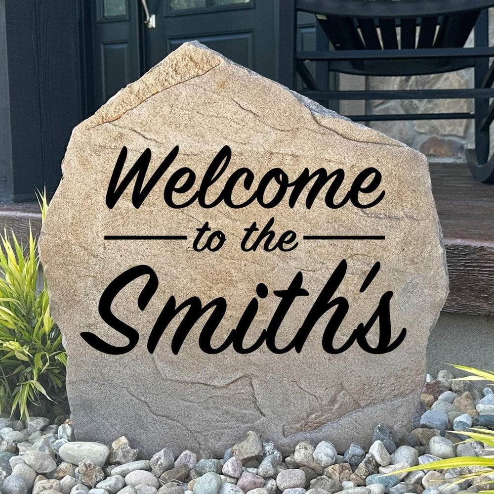 Personalized Welcome Name Stone engraved with your family name, creating a warm and inviting entrance for your home and landscape.