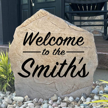Personalized Welcome Name Stone engraved with your family name, creating a warm and inviting entrance for your home and landscape.